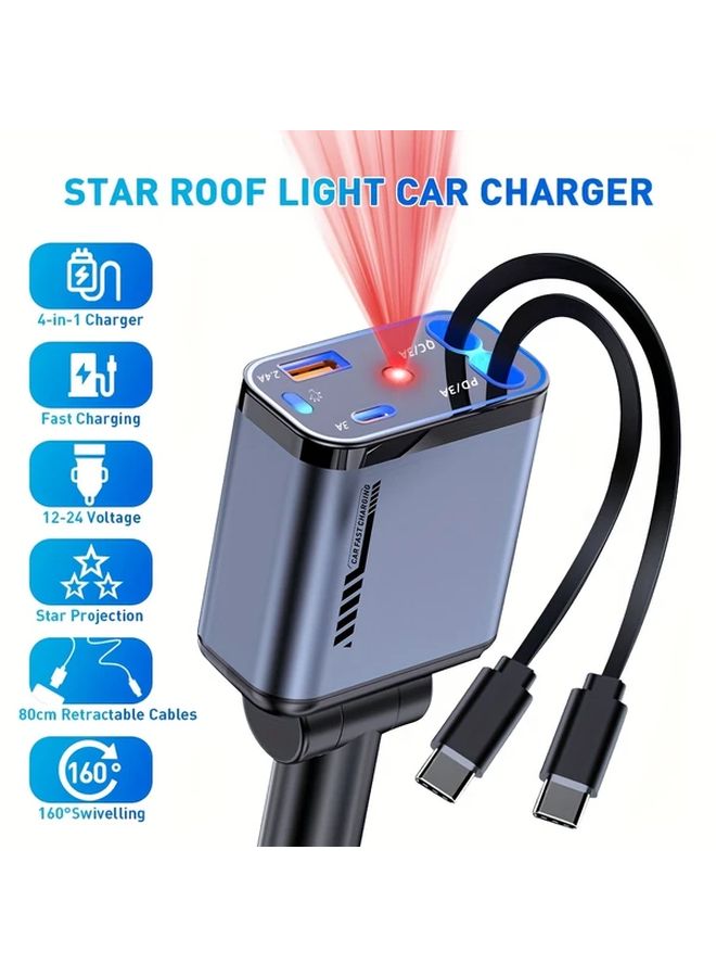 1pc Car Charger Dual Fast Charging Star Projection Retractable Cable 4 Devices Simultaneous 160 Degree Rotatable Head - Image 1